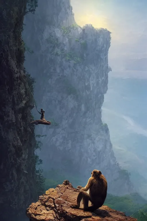 Image similar to a monkey standing at the top of a cliff throwing a bone in the air , dramatic lighting, cinematic, establishing shot, extremly high detail, photorealistic, cinematic lighting, artstation, style by James Gurney