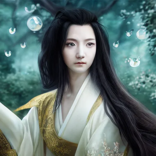 Image similar to a young beautiful prince, golden eyes, long black hair, white hanfu, elegant, intricate, backlit, incredible lighting, strong rim light, subsurface scattering, hyper realistic anime, HDRI, vivid colors, high contrast, unreal engine, cgsociety, octane render, beautiful landscape, cherry trees, highly detailed digital painting, by Heise Jinyao, Heise-Lian Yan Fang, Feimo, Rossdraws, Sakimichan, trending on artstation, 8k