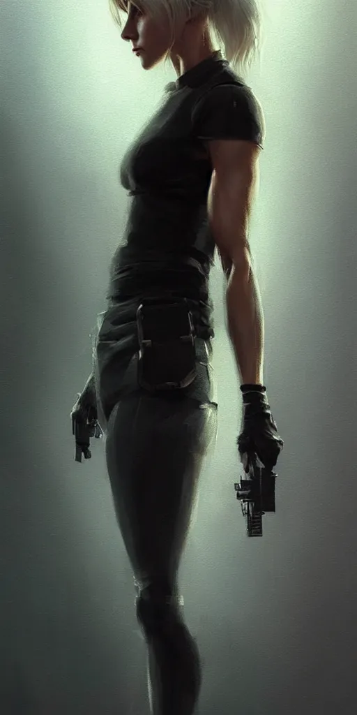 Image similar to portrait of julianne hough by greg rutkowski and wlop, a secret agent, wearing black shorts, wearing black boots, wearing a cropped top, blade runner, highly detailed portrait, digital painting, artstation, concept art, smooth, sharp focus ilustration, artstation, hq