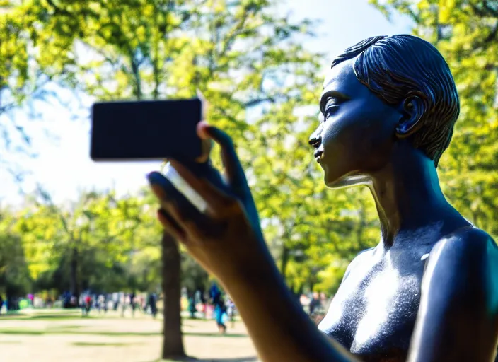 Image similar to photo still of a bronze statue of a woman using an iphone to take a selfie in a park on a bright sunny day, 8 k 8 5 mm f 1 6