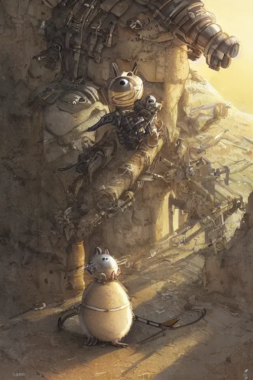 Image similar to anthropomorphic rodent with white and black ancestral ornate japanese tactical gear on an abandonment desert planet, high intricate details, long shot, rule of thirds, golden ratio, graphic novel by fiona staples and dustin nguyen, by beaststars and orange, peter elson, alan bean, studio ghibli, makoto shinkai