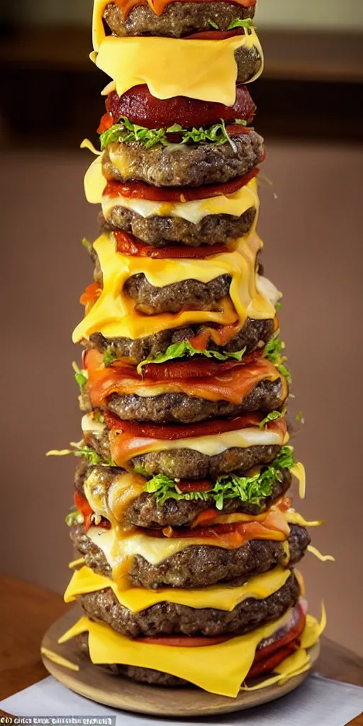 Prompt: a cheeseburger tower made of gigantic stacks of meat patties and cheese slices with a bun on each side, delicious looking burger - stack - tower