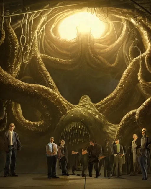 Prompt: A group of scientists surrounding a Lovecraftian monster in a secret government containment facility, sublime lighting, photoreal