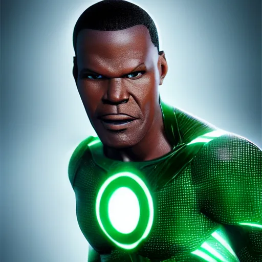 Image similar to A photo of green lantern performer by Jamie Foxx, Octane render, highly detailed, Movie CGI, hyper-realistic, 8K