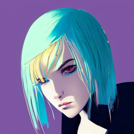 Prompt: ilya kuvshinov with long sky blue hair, gold eyes, boy face, professional digital illustration, somber, digital art, concept art, award - winning photography, cinematic, wlop, color block, art by andy warhol, pixiv art, yoshitaka amano