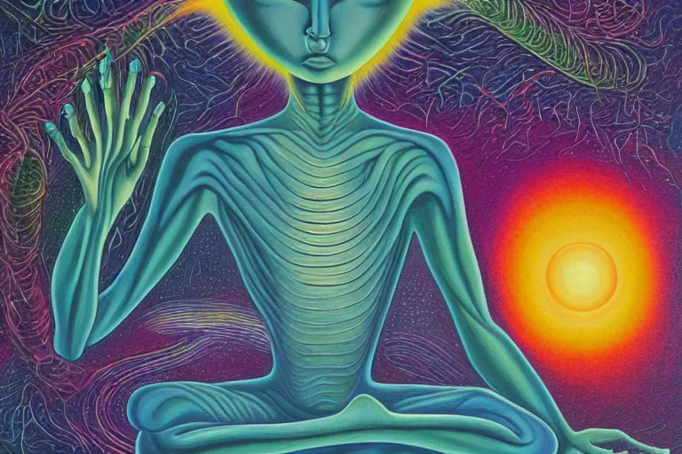 Image similar to painting of a tranquil alien meditating under a tree by alex grey, acrylic art, ethereal, soothing, somber, elegant, soft light,