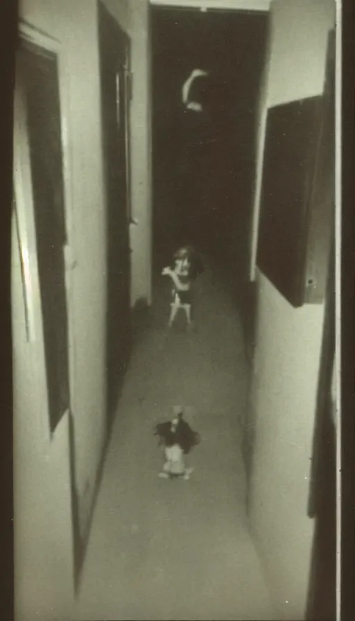 Image similar to found polaroid photo of a young girl floating in a dark hallway, possessed