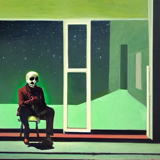 Prompt: a painting of a lonely man with a skull as his head waiting for the bus, green dramatic and cinematic light, the sky is full of stars, in the style of edward hopper, 4 k,