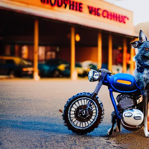 Image similar to blue heeler dog on a motorcycle, 8 k photography, blurred background of a wafflehouse