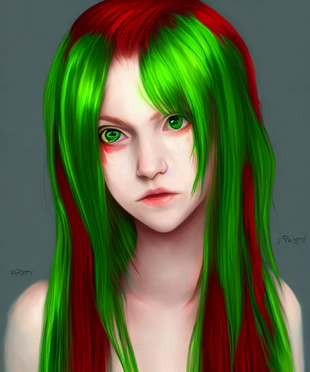 Prompt: Fae Teenage girl, portrait, long red hair, green highlights, fantasy, highly detailed