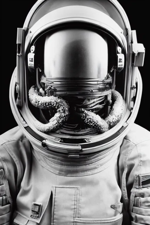 Image similar to extremely detailed studio portrait of space astronaut, alien tentacle protruding from eyes and mouth, slimy tentacle breaking through helmet visor, shattered visor, full body, soft light, plain studio background, disturbing, shocking realization, award winning photo by peter lindbergh