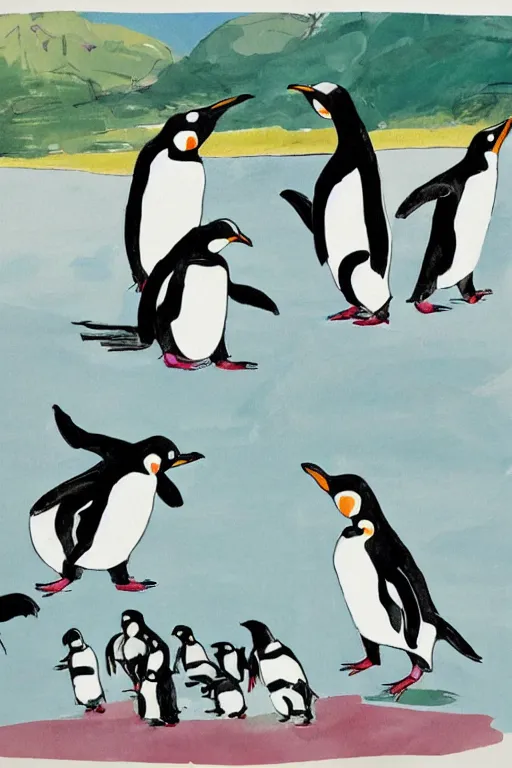 Image similar to penguins dancing in chuncheon by quentin blake