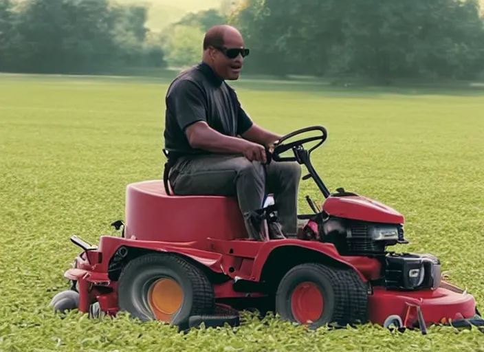 Image similar to film still of Stevie Wonder riding a lawn mower in the new Field of Dreams movie, 4k