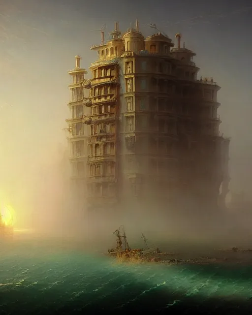 Image similar to unfinished building by ivan aivazovsky, steampunk poppy retro atlantis futuristic water biopunk gem cosmic, archdaily, wallpaper, highly detailed, trending on artstation.