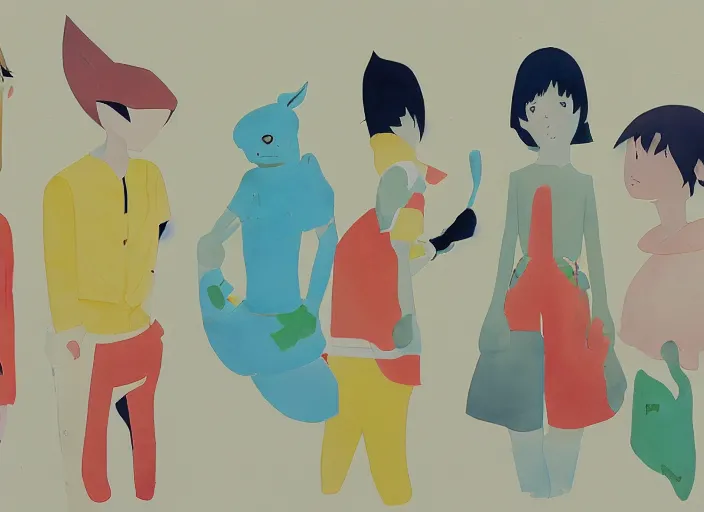 Prompt: studies of the protagonist by masaaki yuasa, pleasing palette watercolor and mixed media shape design