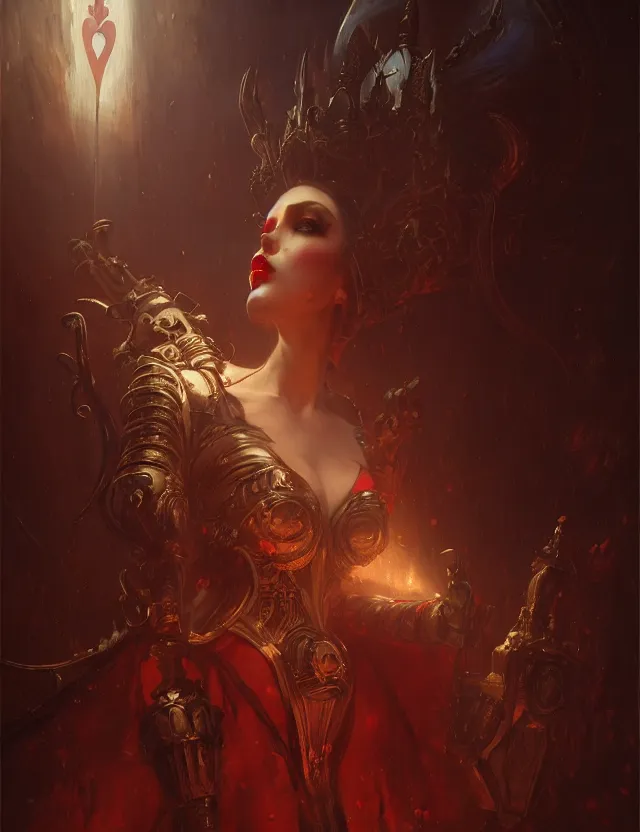 Image similar to queen of hearts, the dark fantasy of gaston bussiere, bayard wu, greg rutkowski, giger, maxim verekhin hyperdetalized, artstation, cgsociety, volumetric dynamic lighting, highly detailed, cinematic lighting