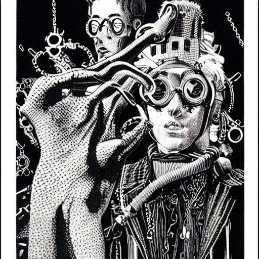 Image similar to a eccentric cybergoth guy wearing goggles and eclectic jewelry, small details, aesthetic!!!, by virgil finlay, by moebius,