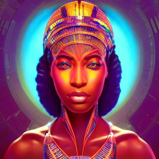 Image similar to african neon egyptian goddess, science fiction, highly detailed, digital painting, beautiful eyes, symmetry, concept art, sharp focus, volumetric lighting, illustration, global illumination, radiant light, synthwave colors, detailed and intricate environment, art by artgerm and greg rutkowski and magali villeneuve and ilya kuvshinov!