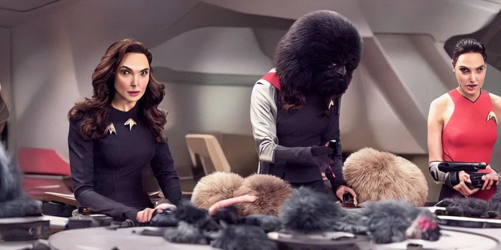 Image similar to Gal Gadot and Tribbles, Tribbles and more Tribbles in a scene in the next Star Trek movie