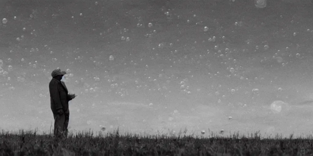 Image similar to an old man in a field looking at multiverse bubbles in the sky, scene from a stanley kubrick movie, in c