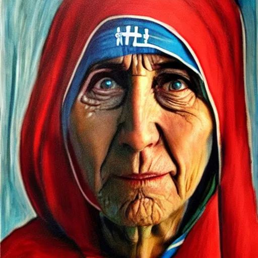 Image similar to nic cage as mother teresa, buff, painted portrait, highly detailed,