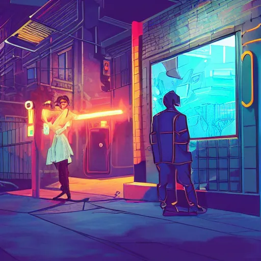 Image similar to two people arguing, detailed digital illustration by matt zeilinger, cyberpunk back alley, nighttime, colorful lighting, android netrunner