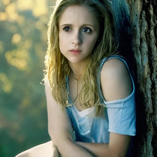 Image similar to sarah michelle gelar, buffy the vampire slayer, beautiful natural light, blue hour, by annie leibowitz