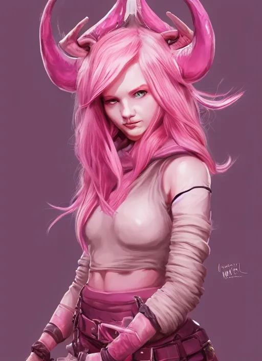 Image similar to a highly detailed illustration of cute smug pink haired pale demon girl with curved horns wearing oversized pink hoodie, dramatic smirk pose, intricate, elegant, highly detailed, centered, digital painting, artstation, concept art, smooth, sharp focus, league of legends concept art, wlop.