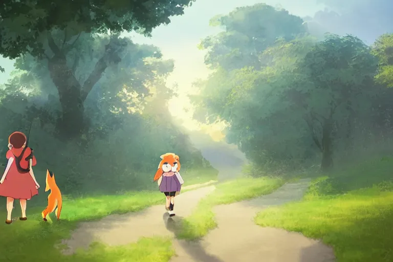 Image similar to a young girl walking to school with her pet fox, matte painting in the style of studio ghibli, early morning light, sunrise, cinematic lighting