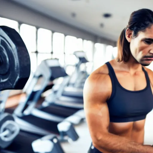 Image similar to muscular scientist thinking about scientific principles while working out at the gym