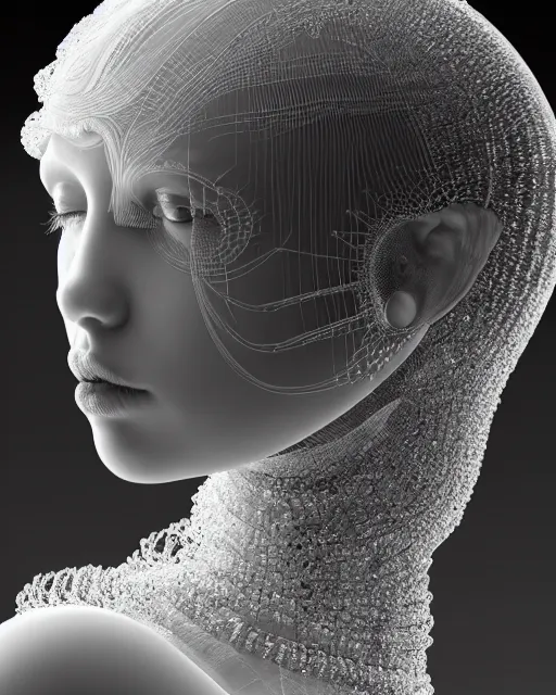 Image similar to mythical dreamy black and white organic translucent bio-mechanical spinal ribbed profile face portrait detail of mechanical beautiful female angelic-snowy-human-doll, highly detailed, intricate crystal jelly steampunk ornate, poetic, 3D render, digital art, octane render, 8K artistic photography, photo-realistic, by Dora Maar