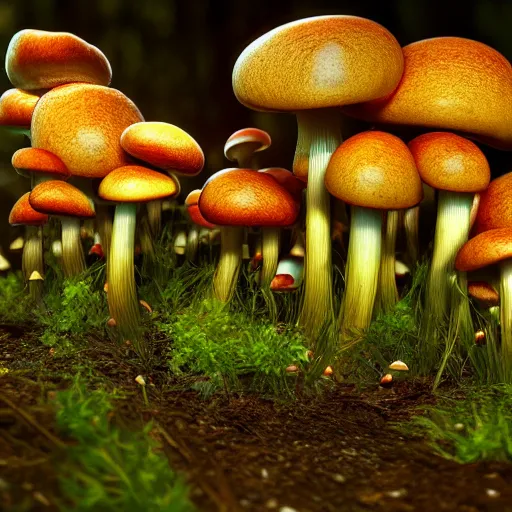 Image similar to backlit golden teacher mushroom dropping spores in the woods soil, unreal engine, closeup
