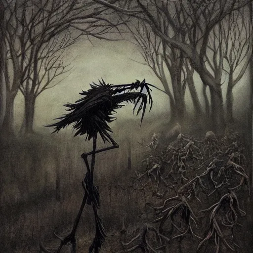 Image similar to Oil Portrait of Fiddlesticks from League of Legends, swarm of crows in the background, dark forest, grim, by Santiago Caruso