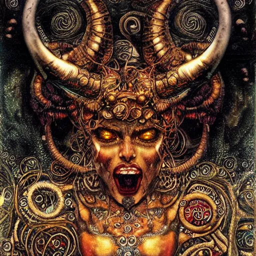 Image similar to horned cybernetic demon, circuitry, intricate detail, klimt, royo,