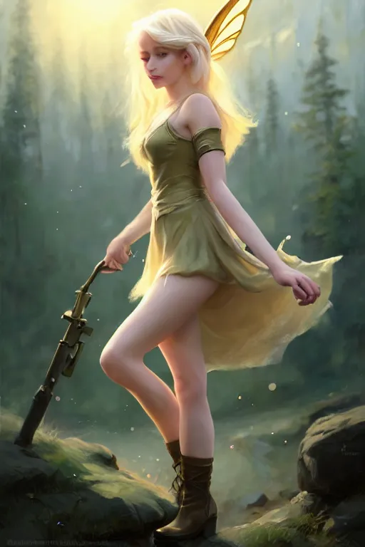 Image similar to cinematic shot of an epic portrait of a cute blonde fairy dressed in military clothes, stylised military clothes, shiny skin, beautiful eyes, beautiful, small details, night setting, realistic poster with volumetric light from craig mallism, artgerm, jeremy lipkin and michael garmash, unreal engine, radiant light, digital art, trends at art station, a masterpiece