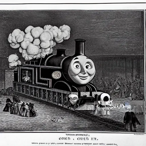 Image similar to 1 7 0 0 s newspaper etching of thomas the tank engine crashing into grand central station