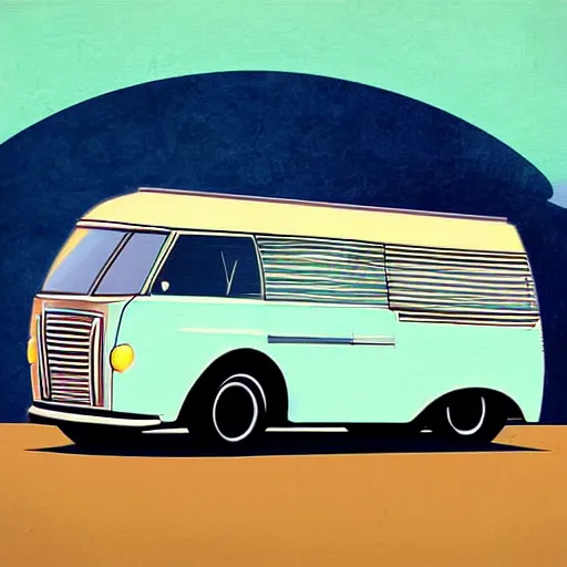 Image similar to retro painting illustration of a volswagen van, 2 d, pastel color, retro style art, trendy on artstation