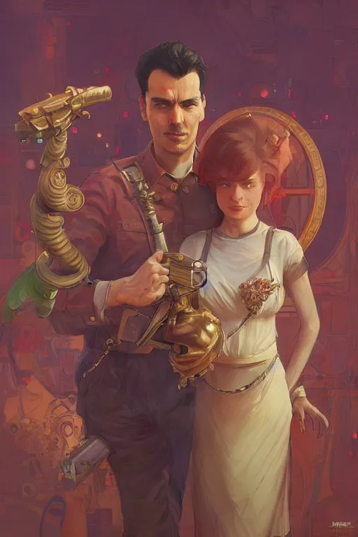 Image similar to Mario and his wife from Nintendo, disco elysium, highly detailed, digital painting, artstation, concept art, smooth, sharp focus, illustration, art by artgerm and greg rutkowski and alphonse mucha and Wayne Barlowe and Zdislav Beksinski and Francis Bacon