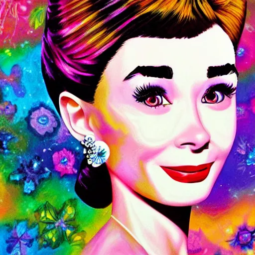 Image similar to beautiful realistic portrait of Audrey Hepburn by Lisa Frank