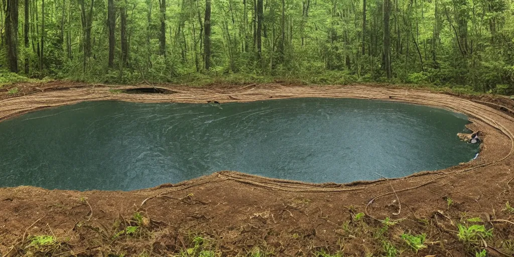 Image similar to photograph of a long rope snaking across the surface of the water, stretching out towards the vortex sinkhole at the center of the lake, a dark lake on a cloudy day, mood, trees in the background, anamorphic lens