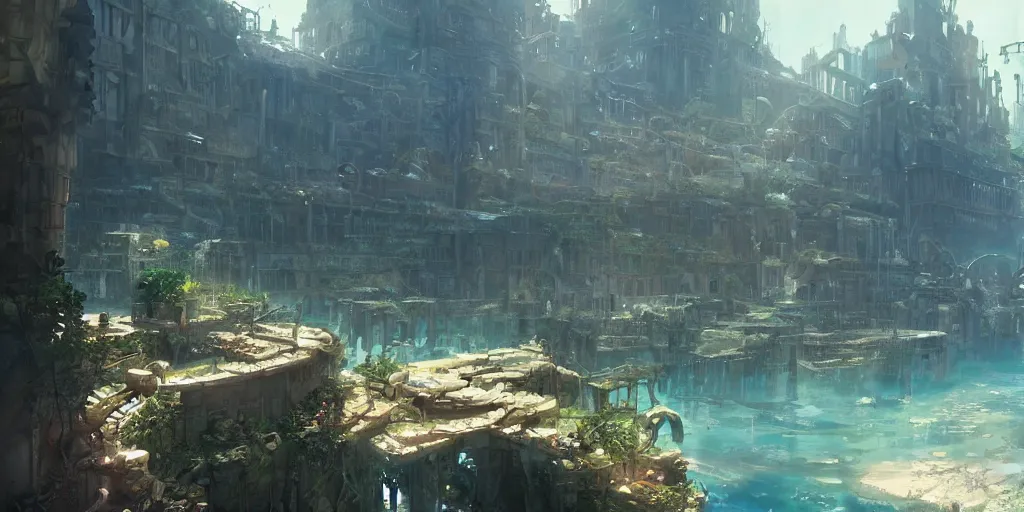 Image similar to lost city of atlantis by makoto shinkai, nier automata environment concept artstyle, greg rutkowski and krenzcushart