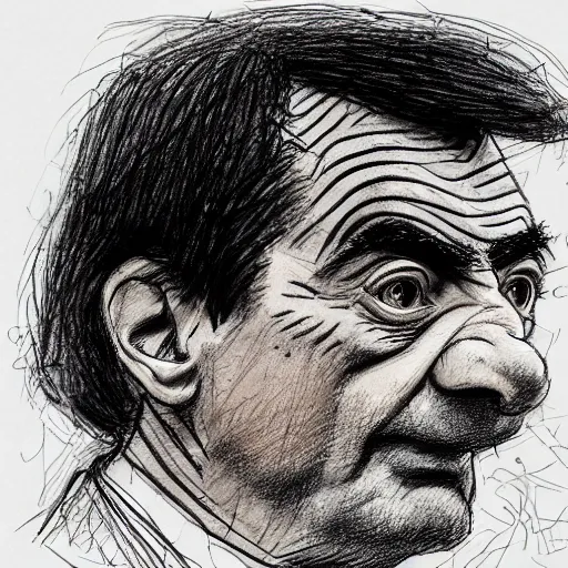 Image similar to a realistic yet scraggly portrait sketch of the side profile of a stern and sophisticated mr bean, trending on artstation, intricate details, in the style of frank auerbach, in the style of sergio aragones, in the style of martin ansin, in the style of david aja, in the style of mattias adolfsson