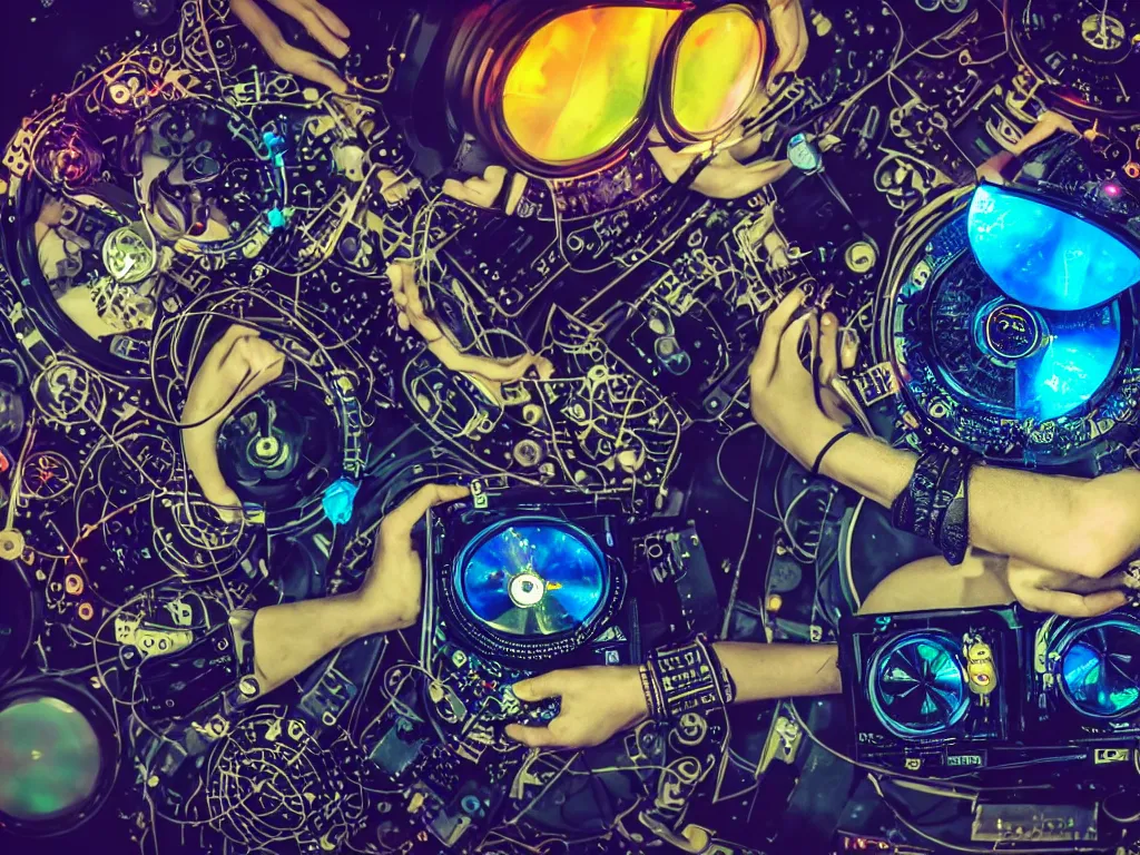 Image similar to a person wearing goggles and visor and headphones using a steampunk record player contraption, wires and tubes, turntablism dj scratching, intricate planetary gears, cinematic, imax, sharp focus, leds, bokeh, iridescent, black light, fog machine, hazy, lasers, hyper color digital art, cyberpunk