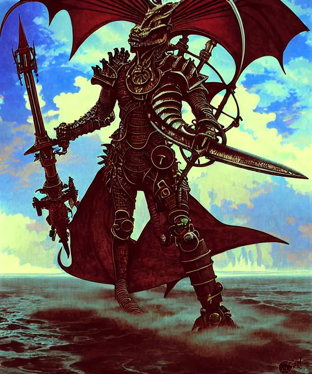 Image similar to the dragonslayer lava knight of the nuclear steampunk submarine with a white sword of bone character fantasy art concept sci - fi, cinematic photograph vividly detailed digital painting by greg rutkowsky, by alphonse mucha, by android jones, by h. r. giger, by max chroma, by peter moorbacher