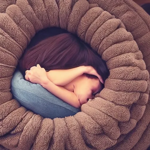 Image similar to human curled up into a ball like a cat. adult human in fetal position. curled up and sleeping, relaxed, nuzzled up, cuddly, cute.