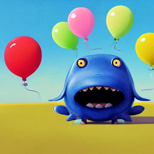 Image similar to blue whale with cute big eyes attached to colorfull balloons, artwork by goro fujita,