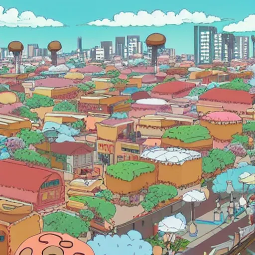 Image similar to raining donuts on a city in a studio ghibli animation