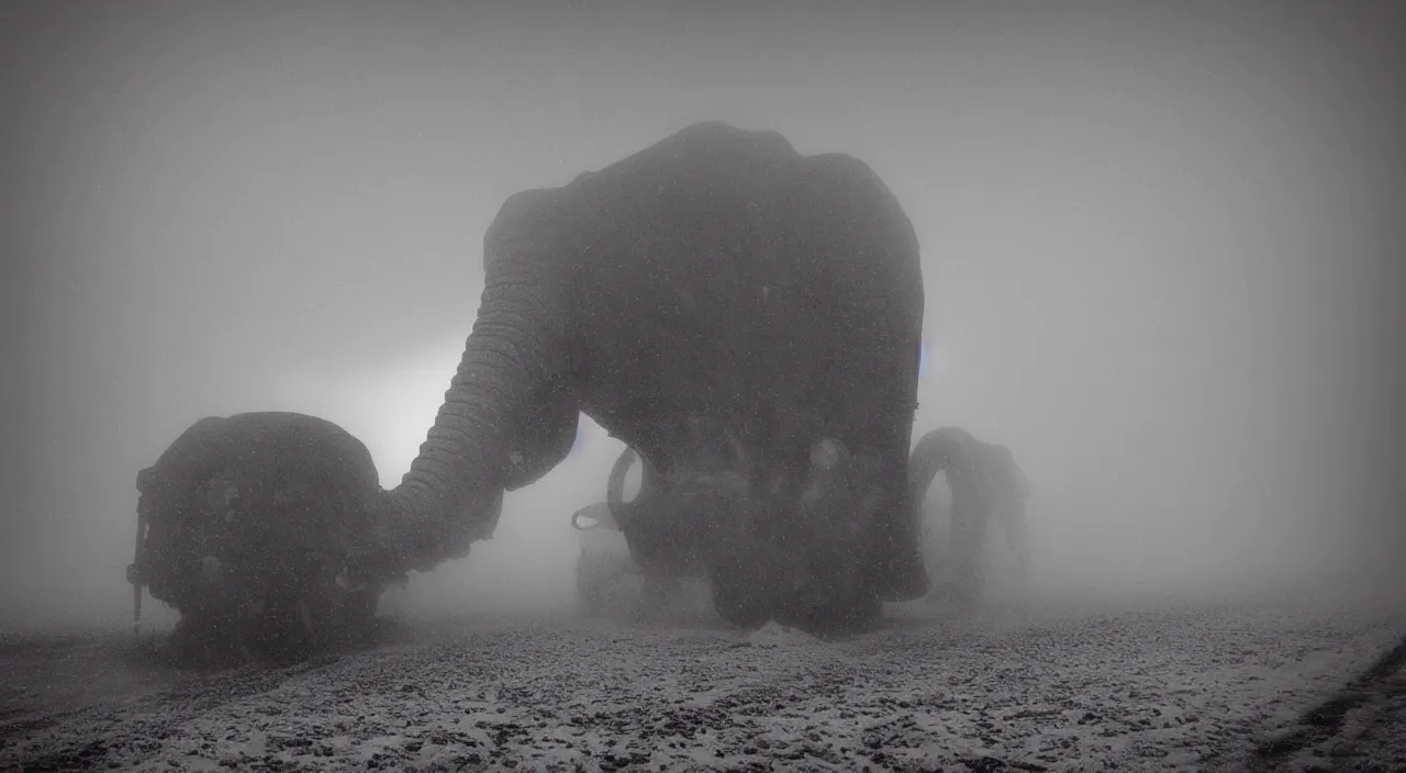 Image similar to “photo of a biomechanical mammoth in an arctic storm with fog and blizzard, the mammoth drags old gigantic coal wagons with snow, it's a sunset photo with cold tones”