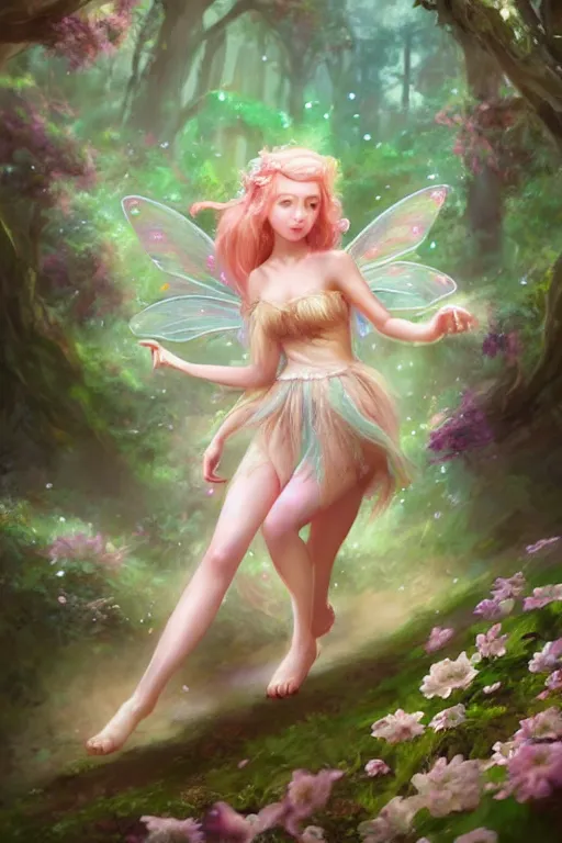 Image similar to a cute fairy in the dreamy forest, fantasy, 8 k resolution, hyper detailed, d & d, character design, digital painting, trending on artstation, sharp focus, illustration, art by artgerm, steve zheng, fuji choko, viktoria gavrilenko, hoang lap