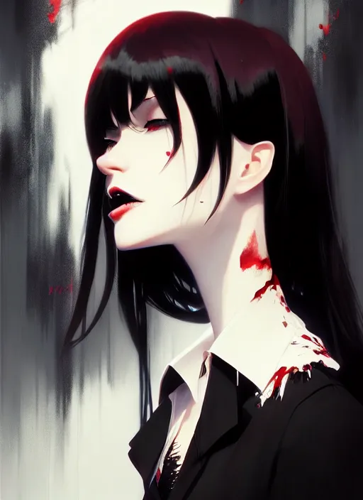 Image similar to ultradetailed beautiful panting of a stylish goth woman wearing a shirt with a tie, dramatic, she has black hair, distressed, by greg rutkowski, james jean, makoto shinkai, ilya kuvshinov, on artstation